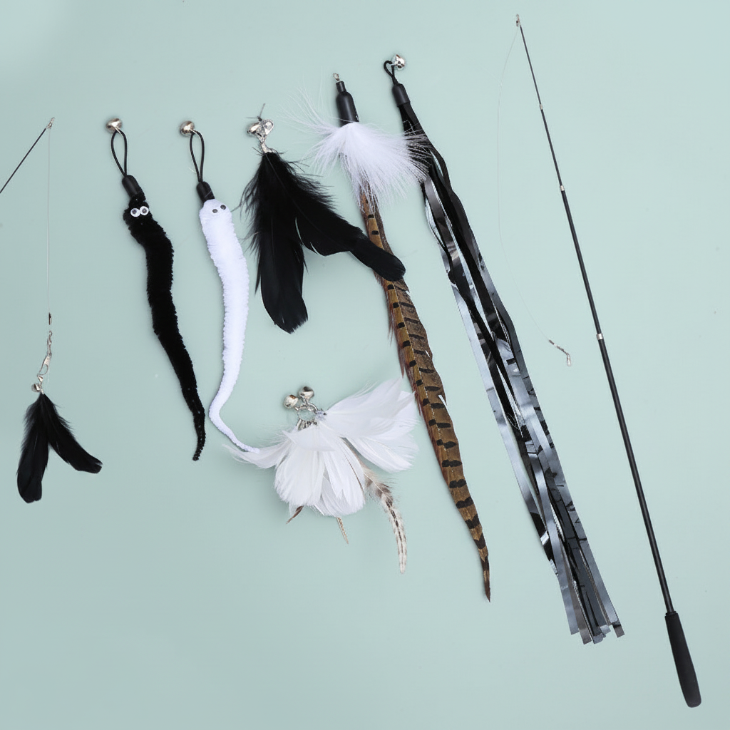 Telescopische kattenhengel met veren set - mintgroene achtergrond